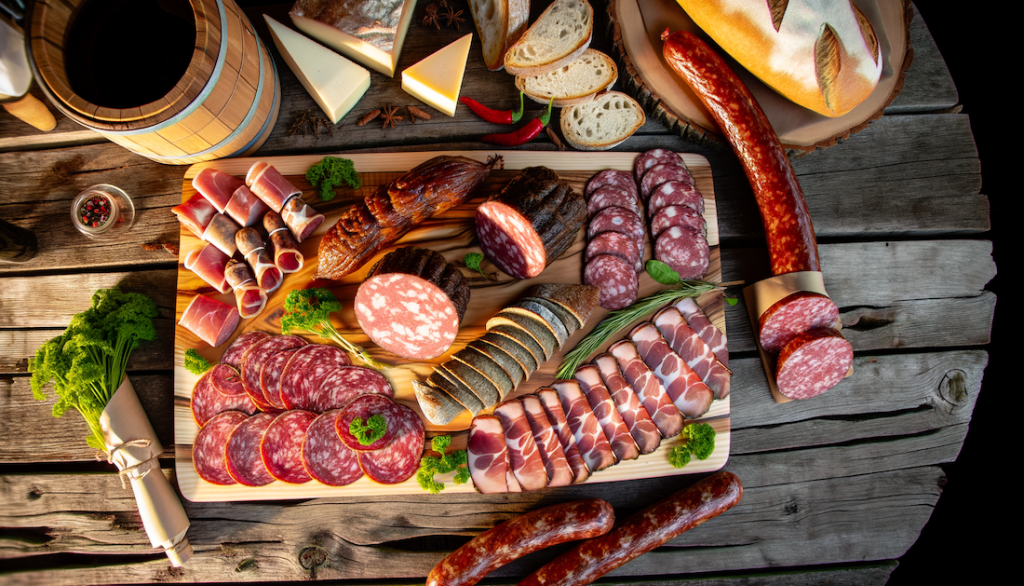 Discover the Rich Flavors of Manitoba: Our charcuterie board highlights the best of Manitoba beef, including gourmet sausages, delectable deli meats, and expertly packaged cuts. Perfect for any occasion. Photo credit: Tony Eetak, Niriqatiginnga Youth, Arts and Media.