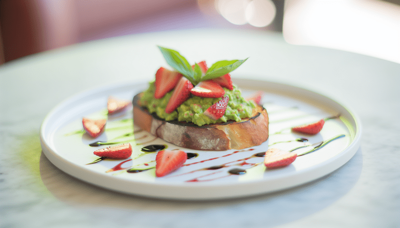 A vibrant and fresh take on brunch: crusty sourdough toast topped with smashed avocado, thinly sliced strawberries, and fresh basil, finished with a drizzle of balsamic reduction. 