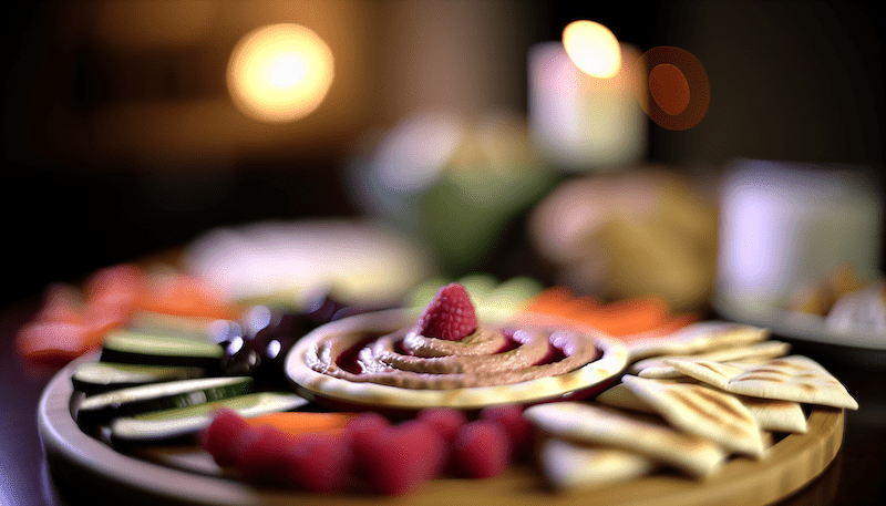 From an edge-on perspective, the creamy, raspberry-infused roasted eggplant hummus swirls elegantly on the platter, surrounded by crisp pita and fresh vegetables. Soft lighting and a gentle bokeh background add depth and warmth, making this dish a visual delight as much as a culinary one.