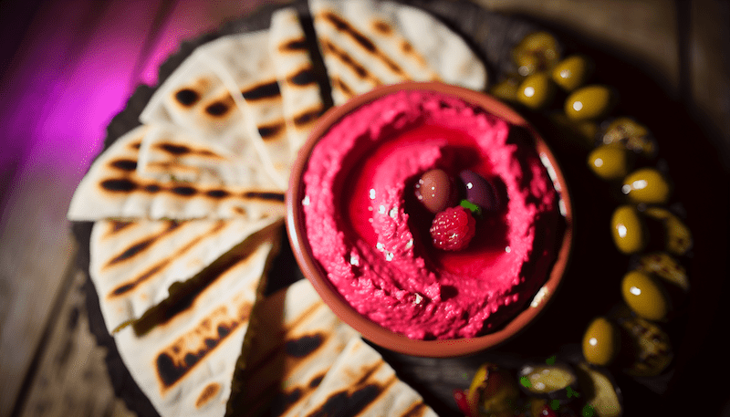 Swirling layers of raspberry-infused roasted eggplant hummus meet the rich warmth of grilled pita, creating a feast for both the eyes and the palate. Subtle lighting casts shadows, enhancing the texture and inviting you to dive in. A touch of flickering candlelight sets the perfect ambiance for a cozy, gourmet spread. These details are all part of the fun aspects of our AI food arts activities, which we’ve been exploring since last year.