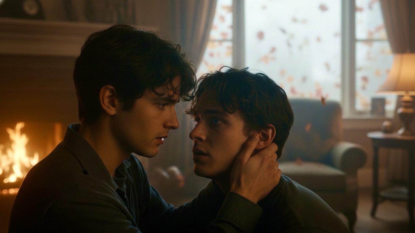 Two young men in an old living room, one with dark hair holding the other's neck gently, as the other leans into his touch, both looking at each other intensely. Autumn fog outside the window.