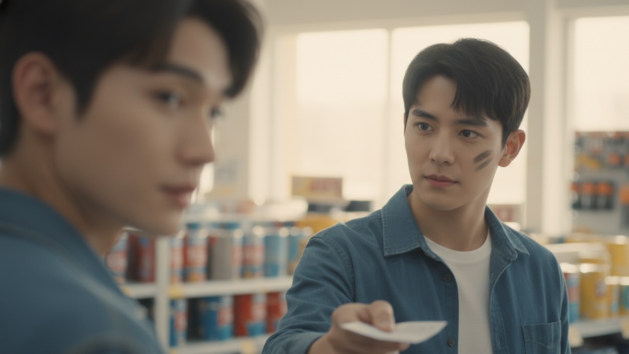 An over-the-shoulder shot of Rory, looking at Declan, a handsome young mechanic with a grease mark on his cheek, offering him a slip of paper in a softly lit home improvement store.