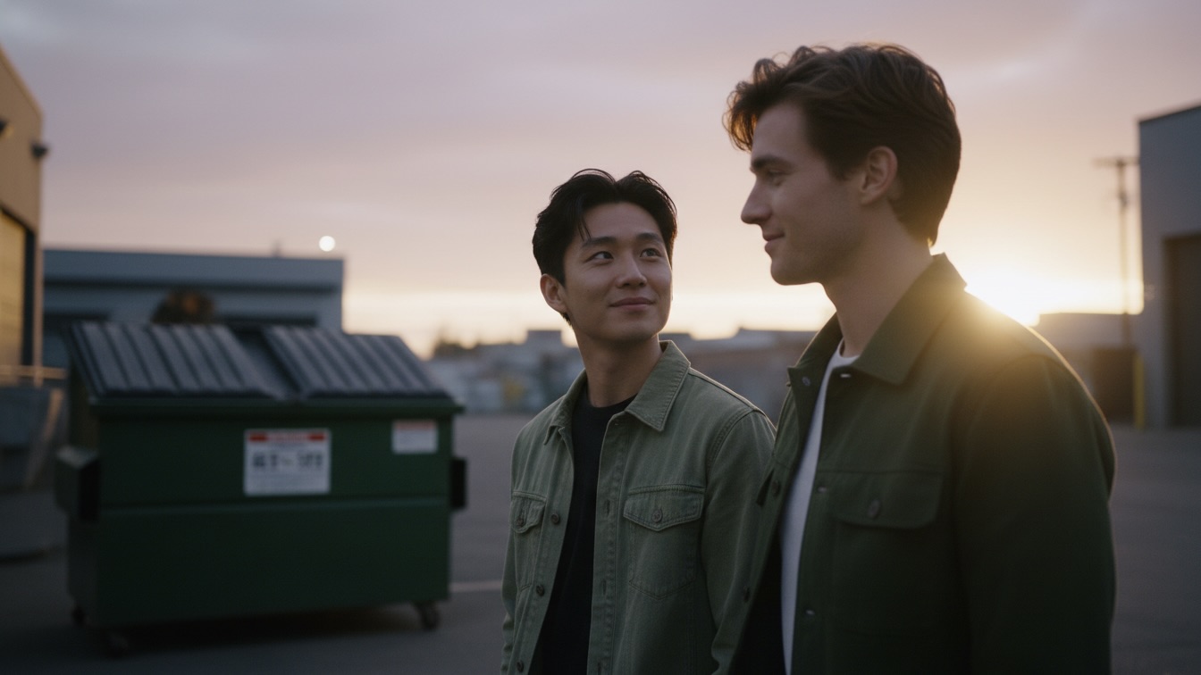 Two young men, Rory and Declan, walk away from a large green dumpster at dusk, side-by-side, their shoulders nearly touching. The sky is a soft blend of purple and orange. Rory looks up at Declan, who smiles faintly, both radiating calm relief.