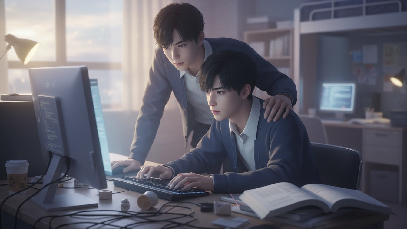 Two young, handsome men, Kakeru and Asahi, in a college dorm room. Kakeru is focused on a computer screen while Asahi leans over his shoulder with a hand on him, both engrossed in the display, illuminated by soft light.