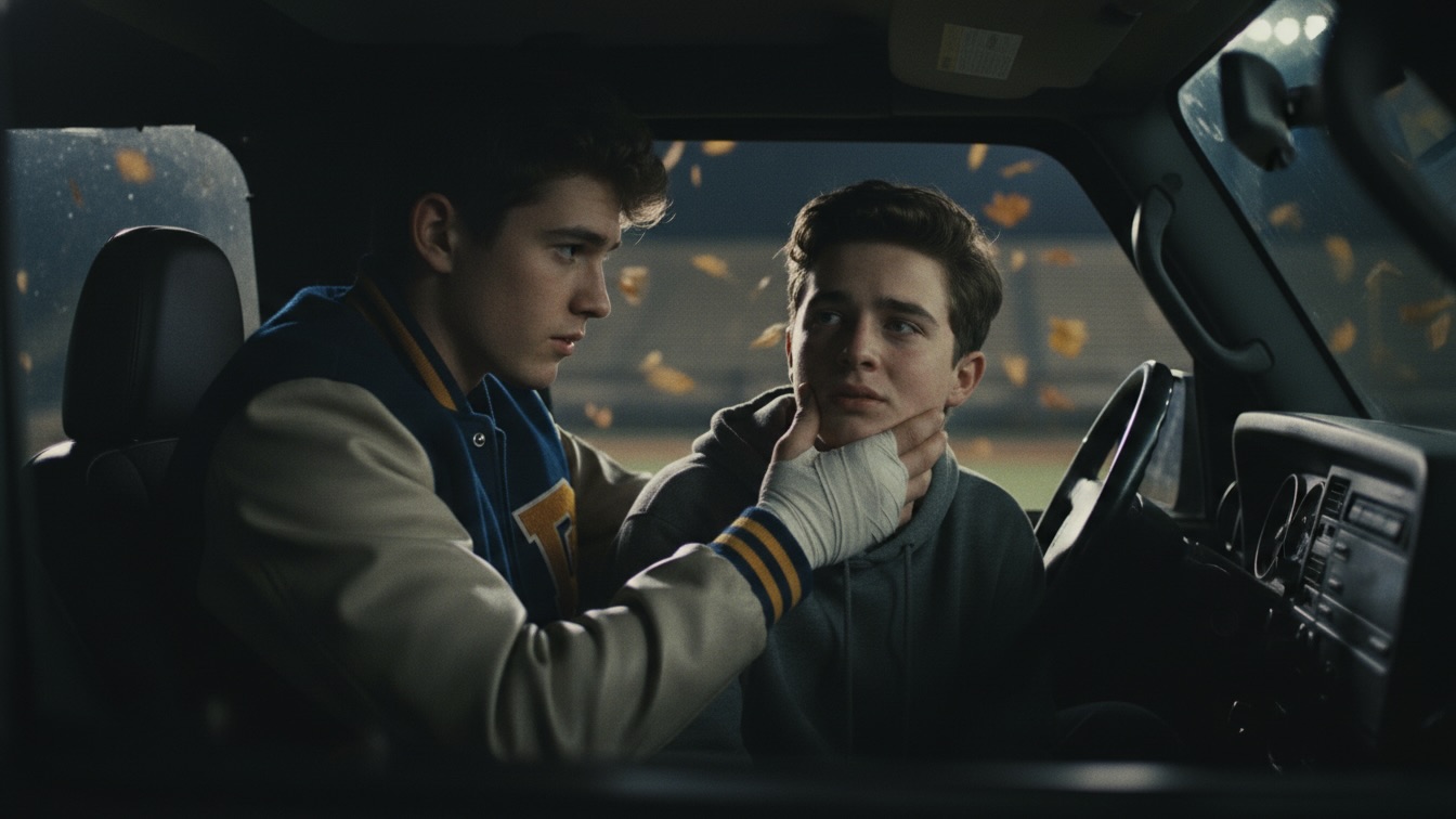 Two teenage boys in a car at night, one wearing a varsity jacket touching the face of the other who looks vulnerable, soft cinematic lighting.