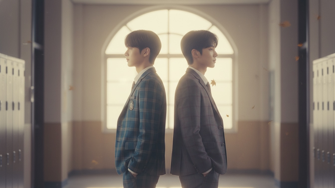 Two handsome teenage boys, Ash and Sōta, stand in a high school hallway at golden hour, their side profiles hinting at a deep, unspoken connection as light streams around them.
