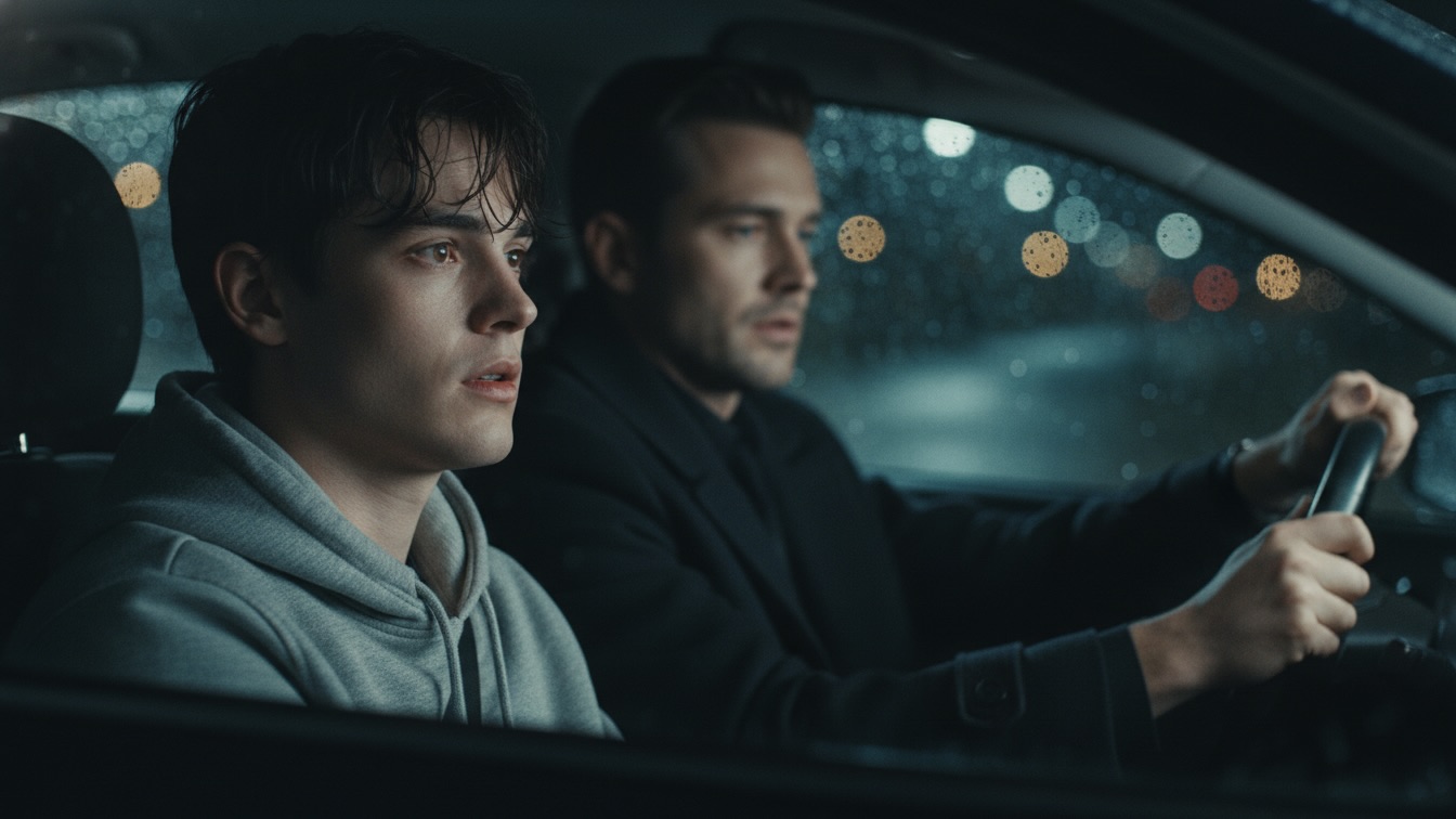 Two young men in a car at night with rain on the windows, one looking vulnerable and the other driving with a protective expression.