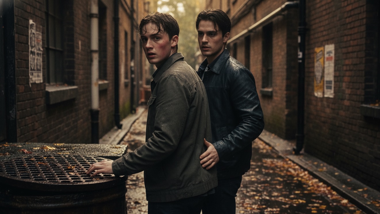 Two young men, Elias and Ashworth, standing in a dim, wet autumn alley. Elias looks over his shoulder with a tense, flushed face while Ashworth stands close behind him, watching with intense eyes.