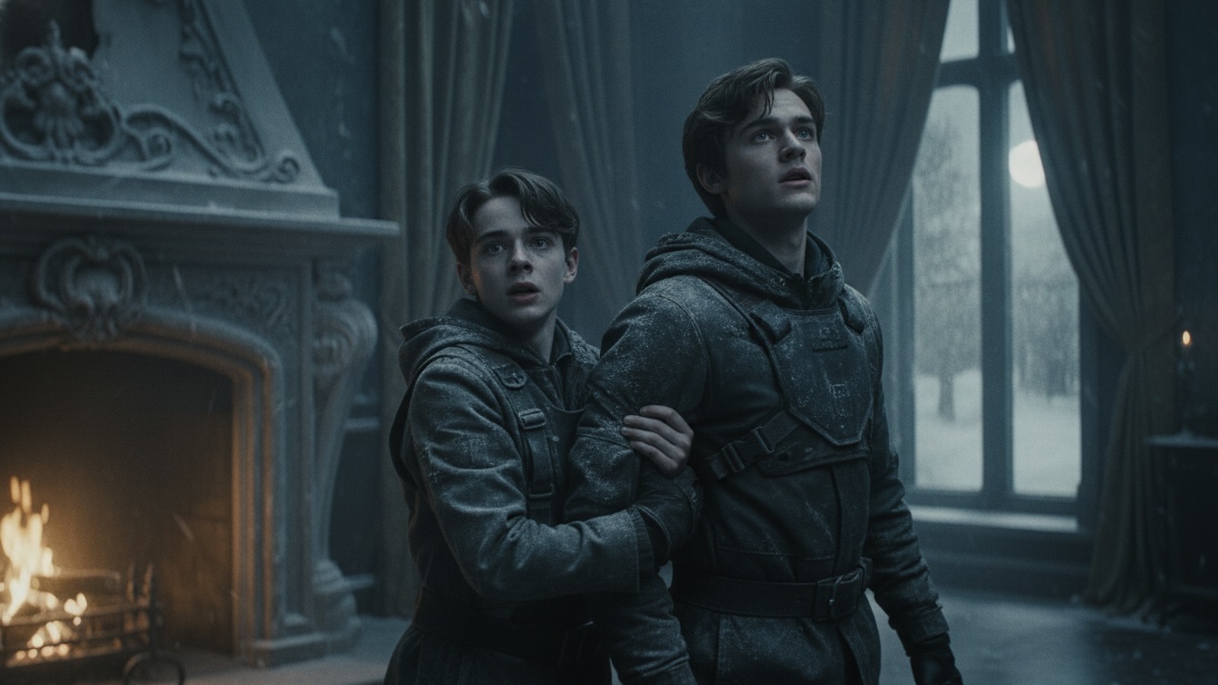 Two young men in a dimly lit, decaying gothic mansion. One man, Finn, looks terrified and grips the arm of the other, Carter, who stands rigid and focused, listening to something unseen.