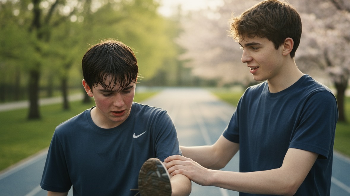 Two young men on a spring running track. One man looks down, blushing, while the other gently holds his arm, gazing at him with tender concern.