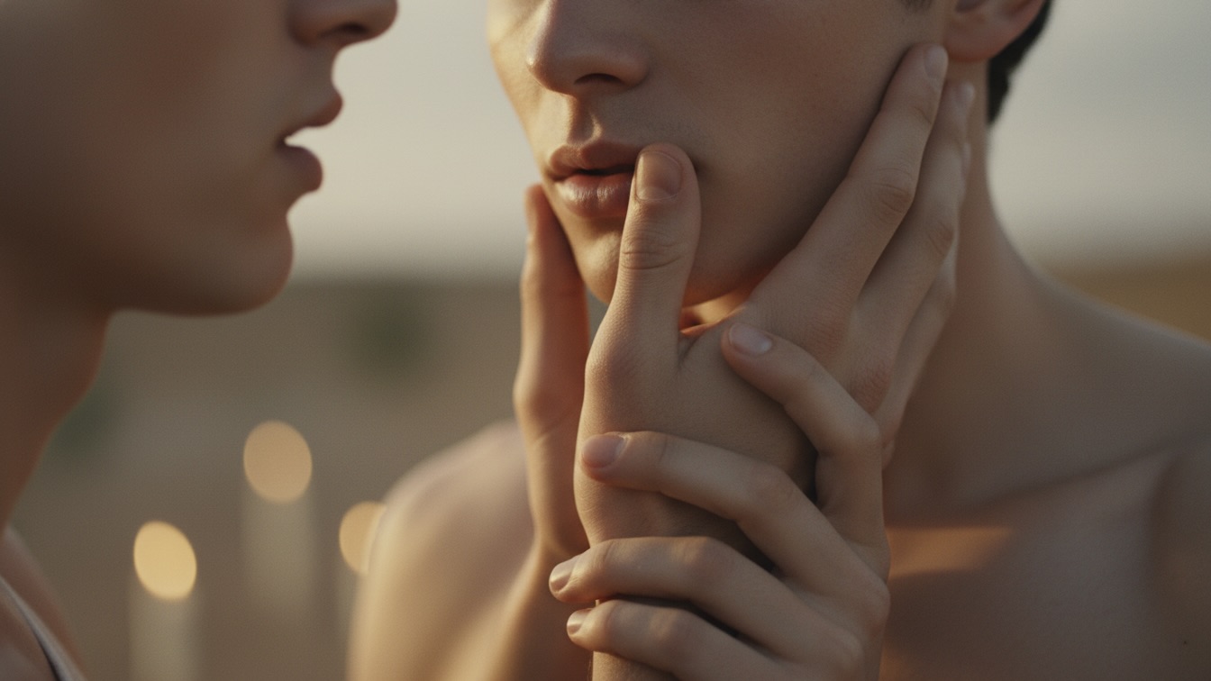 Close-up of two young men's hands and lower faces, one gently cupping the other's cheek with intense intimacy in a soft, cinematic light.