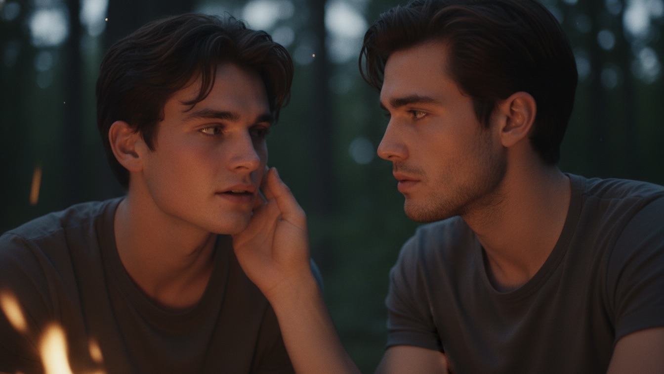 Two handsome men, Frank and Ryan, sitting close by a dying campfire in a summer forest. Ryan's hand hovers near Frank's flushed face, their expressions intense and vulnerable, illuminated by soft firelight.
