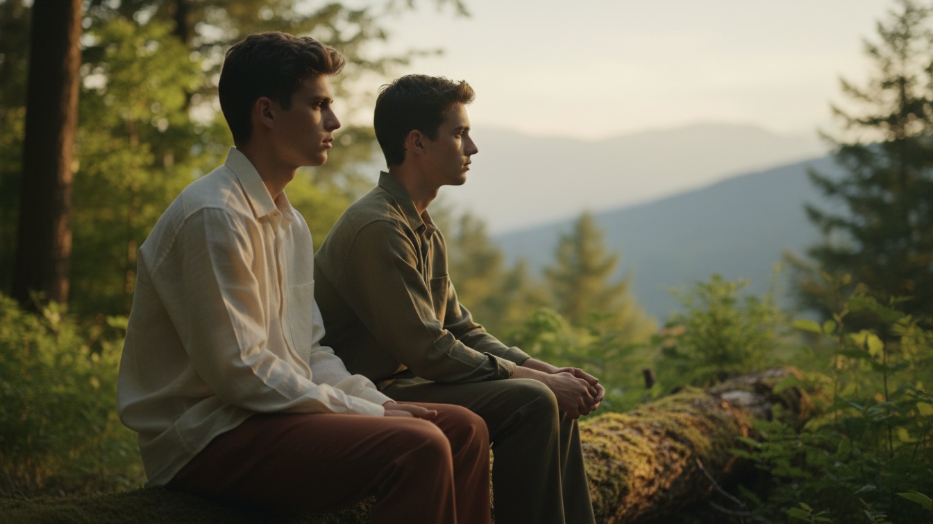 Two handsome men, Casey and Rodger, in their late twenties, sit in profile on a log in a sun-drenched forest, looking at a distant mountain. Their faces are youthful and perfect, bathed in soft, ethereal light, conveying a sense of emerging romance.