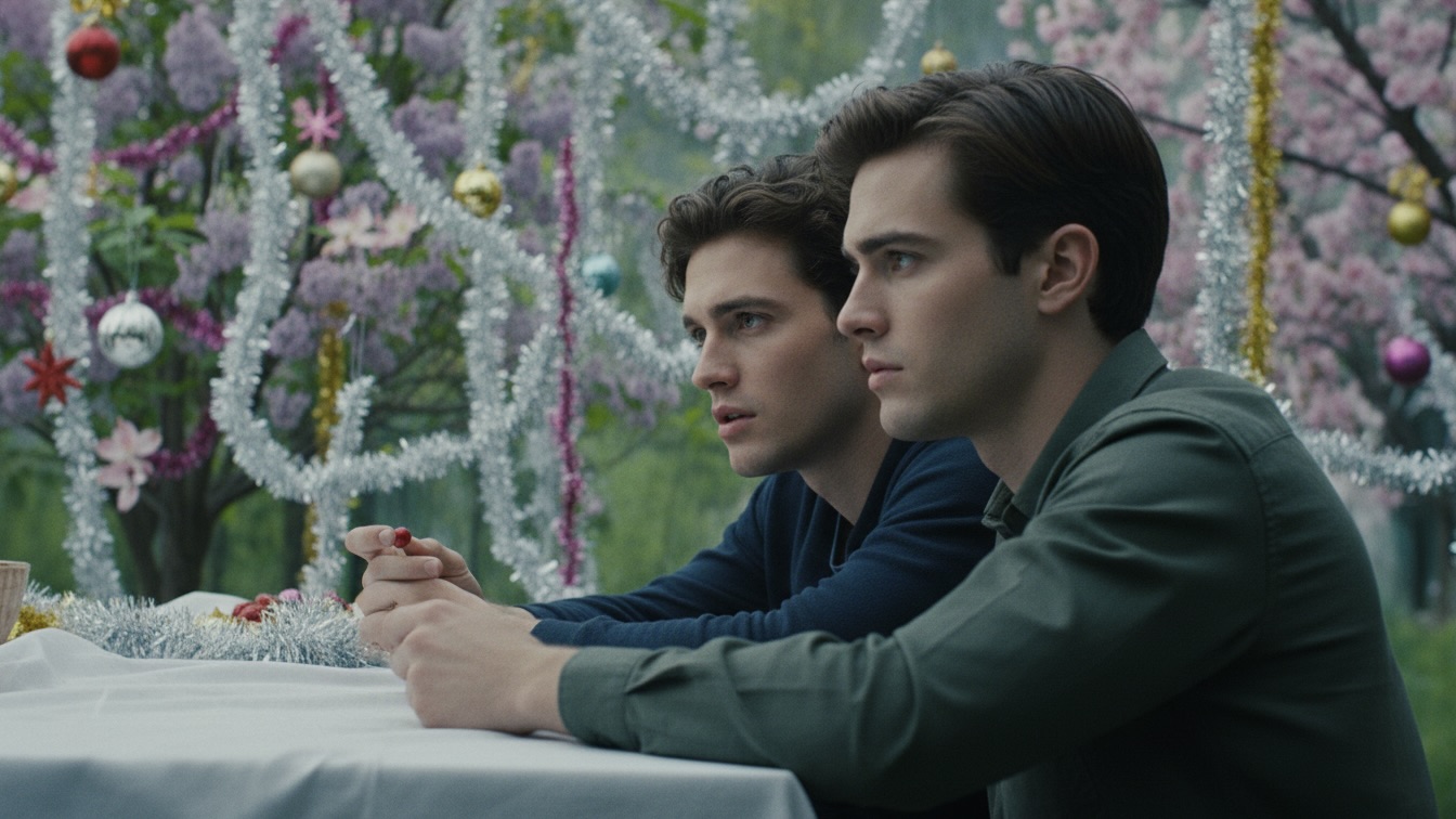 Two young, handsome men, Donald and Eddie, in side profile, sitting closely amidst a surreal garden where spring blossoms are mixed with artificial Christmas decorations. Eddie looks bewildered, holding a plastic red berry, while Donald looks at him with intense longing. The scene is bathed in soft, diffused light, evoking a somber, dreamlike atmosphere.