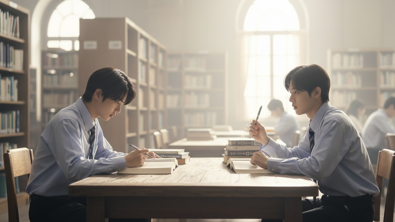 Two handsome young men, Kakeru and Asahi, at a library table, surrounded by books, bathed in soft, golden hour light, reflecting tension.