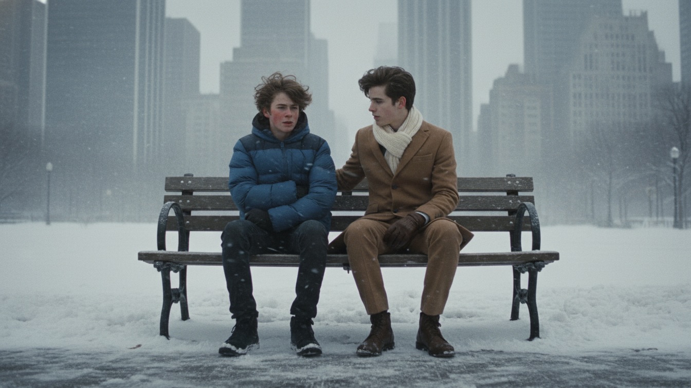 Two young men sitting on a park bench in winter, one looking cold and messy, the other poised and protective, with skyscrapers in the background.