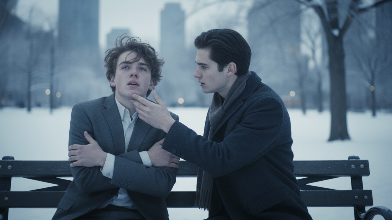 Two young men in business attire having an intimate moment on a snowy park bench with city skyscrapers in the background.
