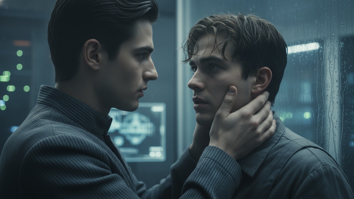 Close-up of Sam gently touching Jeff's face in a dim archive room, soft lighting highlighting their emotional connection.