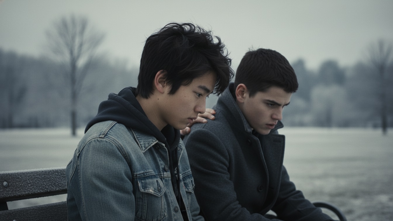 A cinematic side-profile shot of two teenage boys on a winter park bench; one looks vulnerable in denim, the other intense in a wool coat, set against a soft, snowy background.