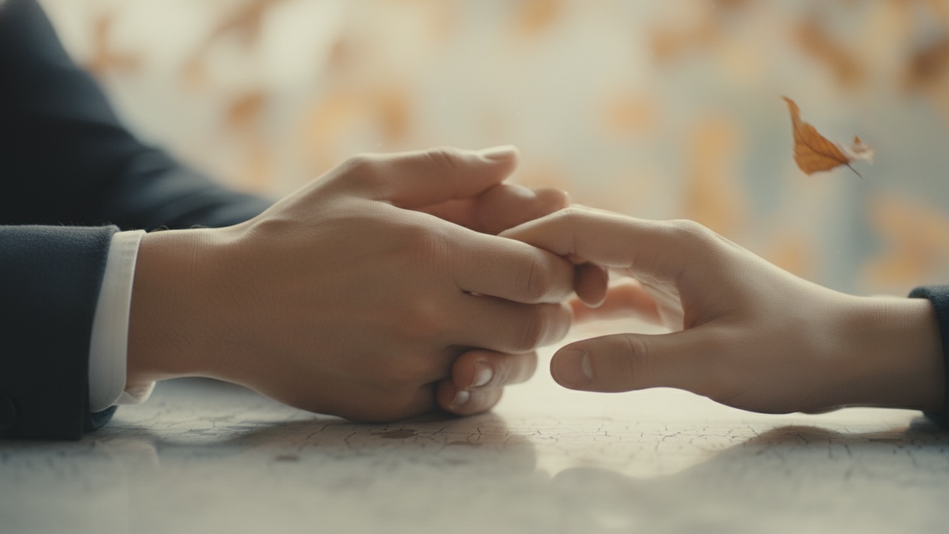Close-up of two young men's hands, one pair gently holding the other's on a tabletop, conveying comfort and support in soft, warm lighting.