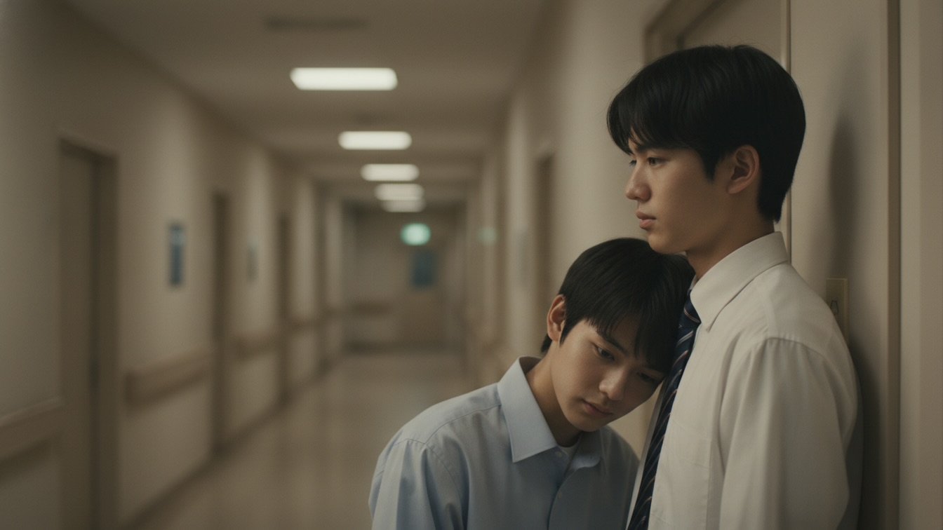 Two teenage boys, Satoru and Yuma, sitting closely in a hospital waiting room. Satoru leans his head on Yuma's shoulder, who subtly shields him from the corridor. The scene is quiet, with soft light, conveying a sense of fragile comfort and protection.