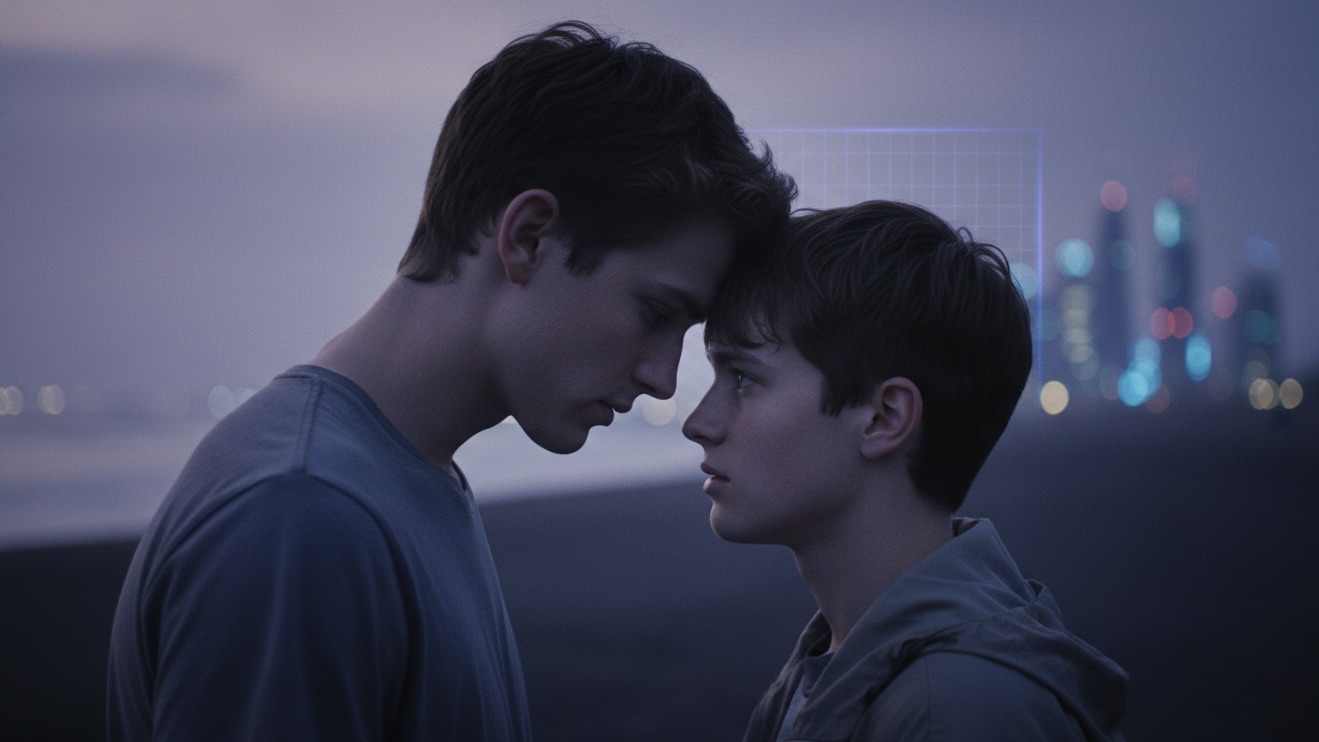 Two young men standing close on a beach at twilight, foreheads touching, with a futuristic skyline in the background.