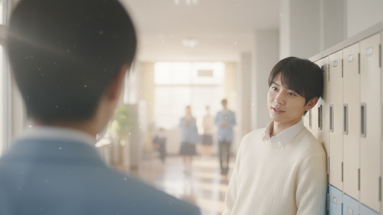 A young man, Kakeru, from an over-the-shoulder perspective, looks across a school hallway at Asahi, who is leaning against lockers, talking to another student with a faint smile, oblivious to Kakeru's pain.