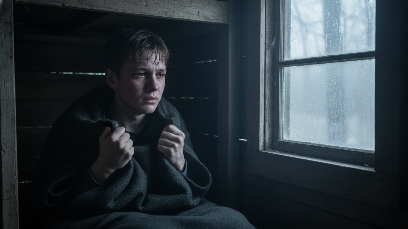 Two young men, late teens, on a sun-drenched mountain trail. One looks at the other with an intense, protective gaze, while the second looks back with flushed, overwhelmed eyes. They are close, conveying strong emotional tension.