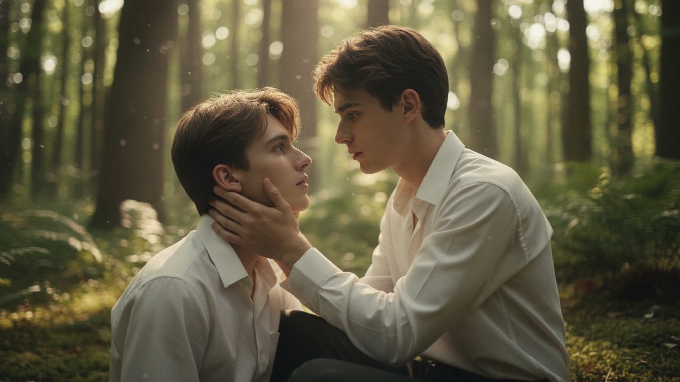 Two young men, Terrence and Peter, in a sun-drenched forest. Terrence gently touches Peter's cheek as they gaze deeply into each other's eyes, a campfire glowing nearby.