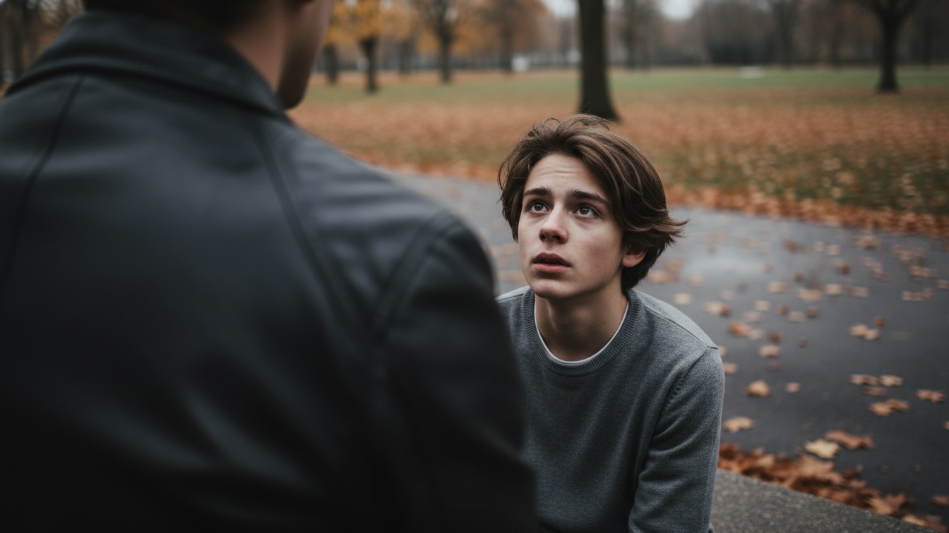 A cinematic shot of a young man looking up vulnerably at a towering figure in a leather jacket within a moody, autumn park setting.