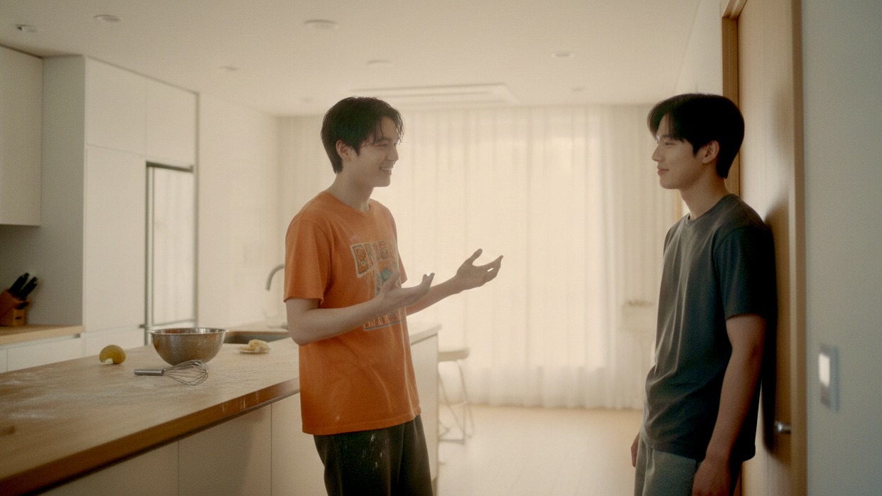 A wide shot of Rory and Declan in a flour-dusted kitchen. Rory, energetic and smiling, talks while Declan leans, amused, against a doorframe, a small smile playing on his lips.