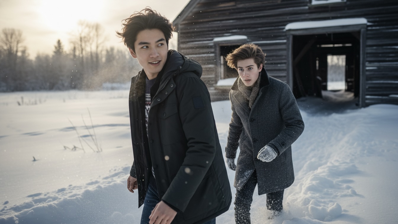 Two young men, Rick and Devon, walk through deep snow towards an abandoned mill. Rick looks back at Devon with a smirk, while Devon appears overwhelmed and breathless.