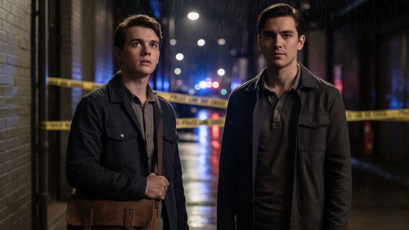 Two young men, Finn and Asher, stand near police tape in a wet alley at night. Finn looks up at the taller, stoic Asher, his face illuminated by a mix of streetlights and flashing emergency lights.