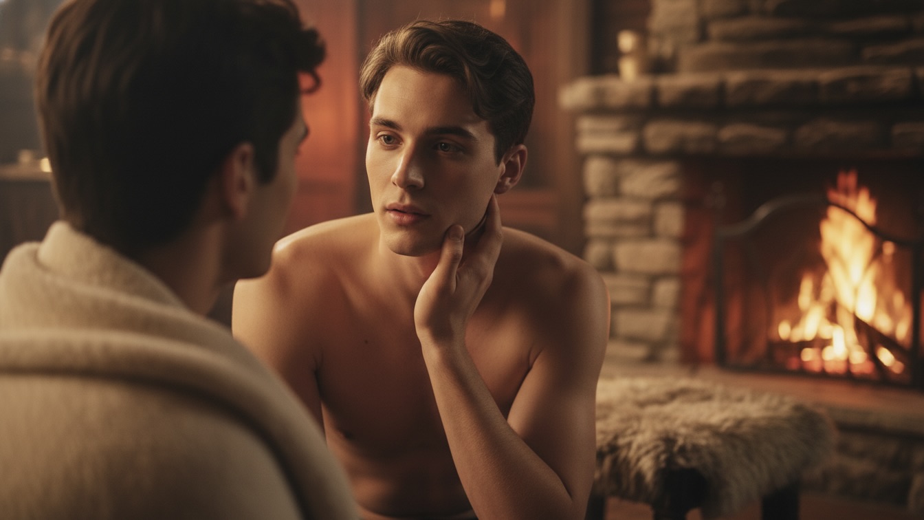 An over-the-shoulder view of Peter with Terrence gently caressing his cheek in a firelit cabin, their faces soft and tender in an intimate moment.
