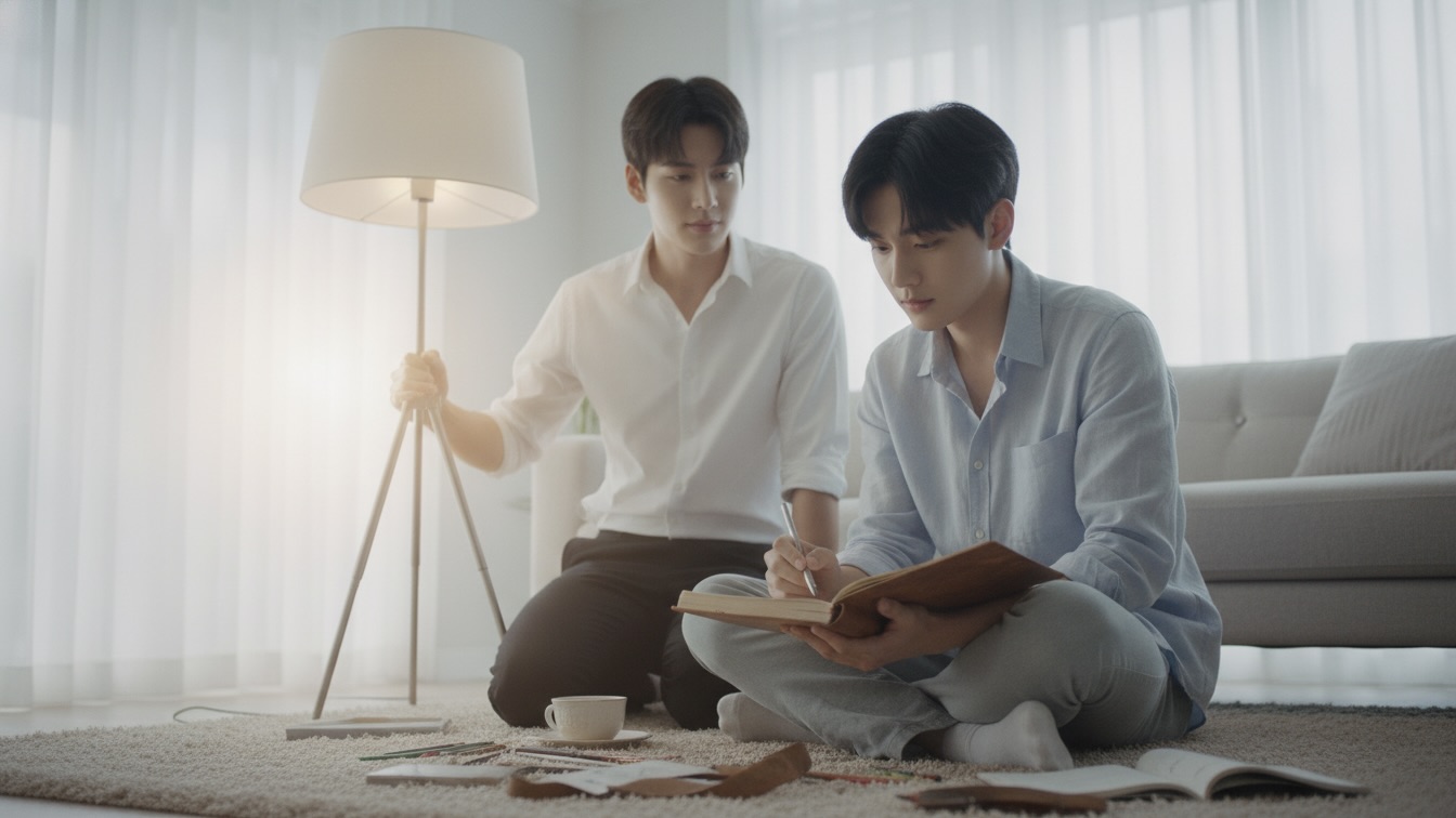 A handsome young man sketching on the floor with art supplies, illuminated by a newly placed floor lamp held by another handsome young man standing nearby, bathed in soft, warm light.