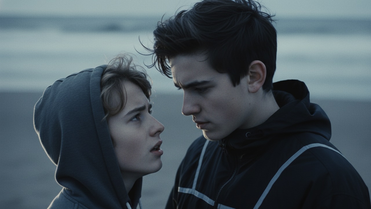 Two teenage boys standing close together on a twilight beach, looking at each other with intense emotion.