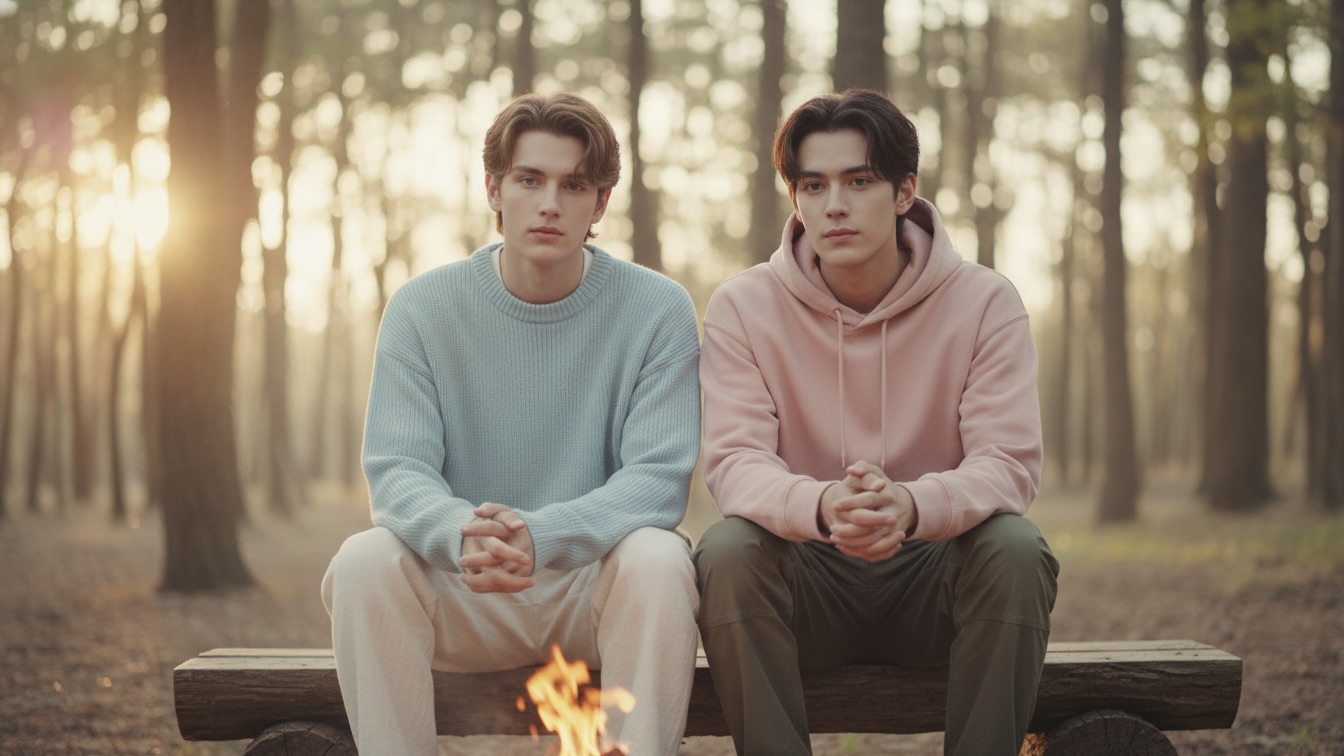 Two handsome young men, Caleb and Rick, sit by a campfire in a lush forest as twilight deepens. Their profiles are silhouetted against the warm glow, suggesting a shared, intense moment.