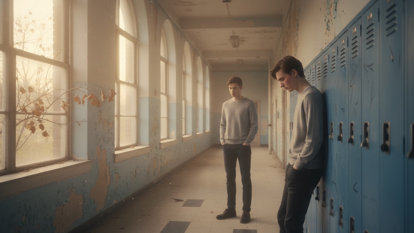 Two teenage boys stand in a dimly lit, empty high school hallway, an autumn evening light filtering through the windows, as one looks intently at the other, who appears withdrawn against a locker.