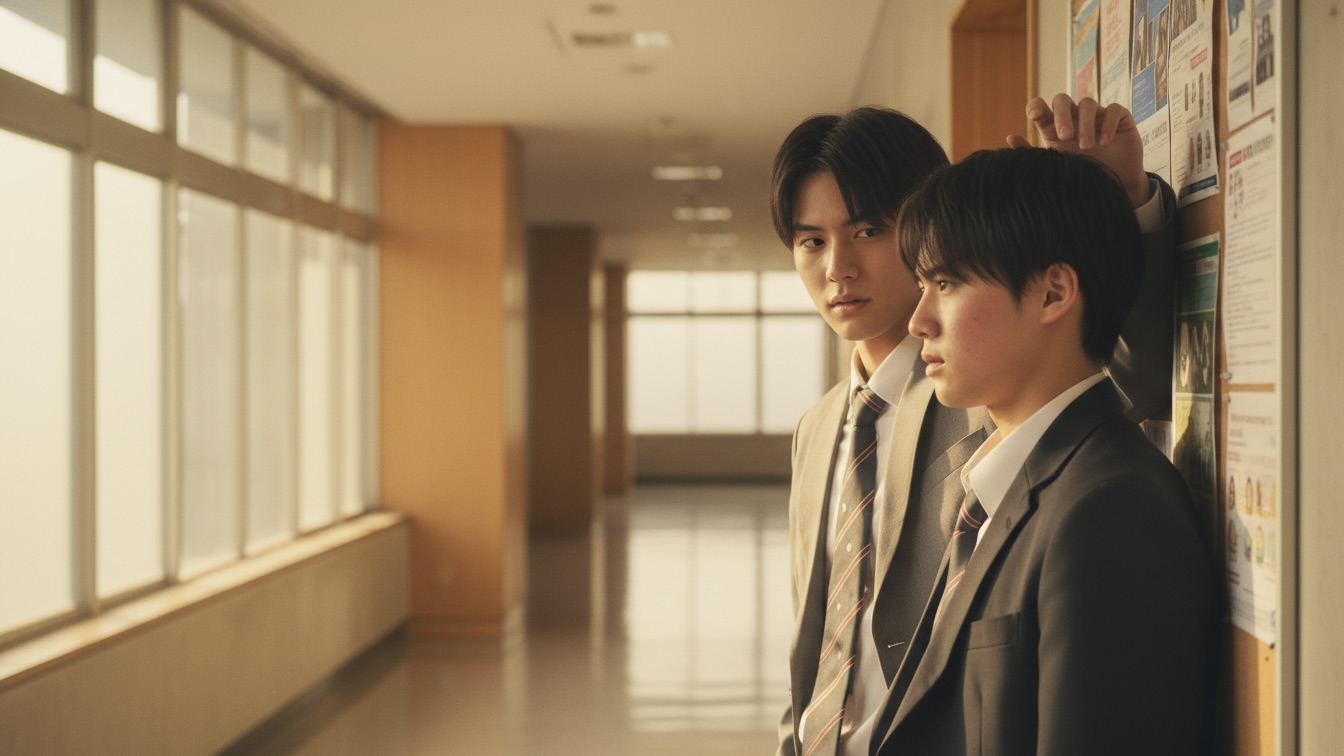 Two young men, Kakeru and Asahi, in a university hallway. Kakeru looks at a notice board with a conflicted expression while Asahi watches him intently.