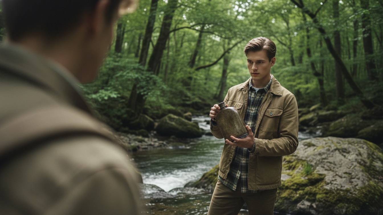 Two young men in a lush forest by a creek. One, slightly blurred in the foreground, observes the other, who is carefully inspecting a water canteen. The scene is soft and romantic.