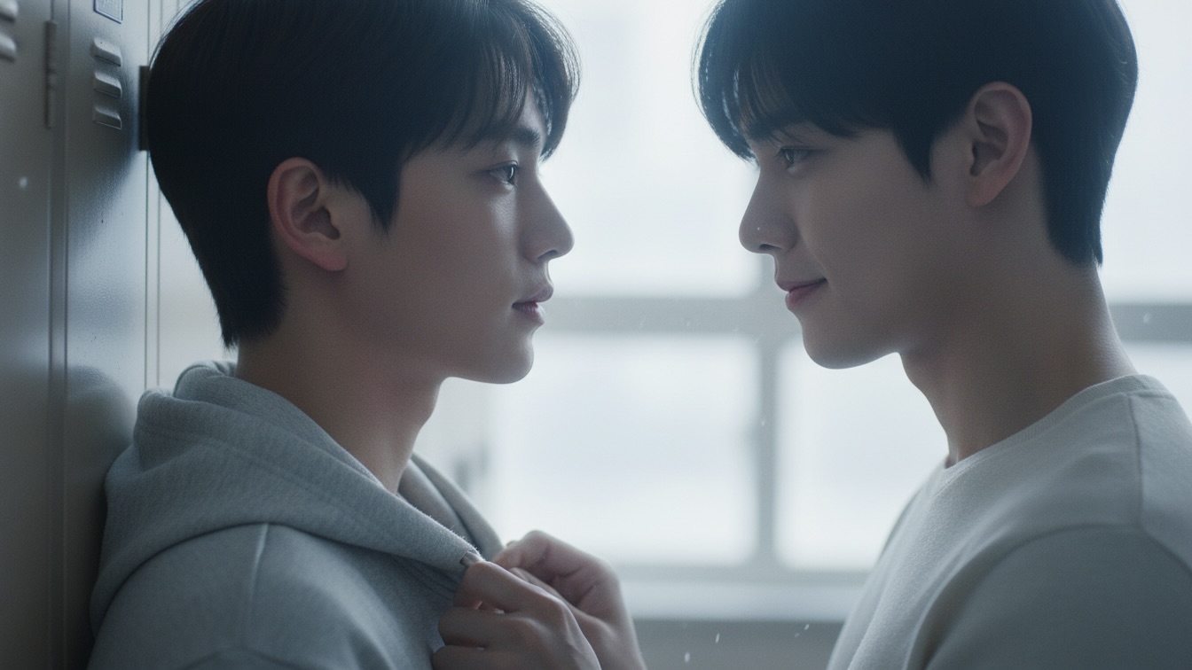 Close-up of two young men in a high school hallway. One's hand gently touches the other's hoodie, conveying intense, intimate tension amidst a soft, snowy atmosphere.