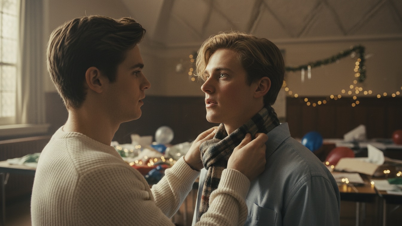 Two handsome teenage boys in a community hall. One boy, Art, is gently adjusting the blue wool scarf around the neck of the other, Tom, who looks up at him with vulnerable eyes.