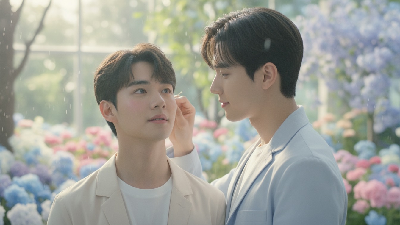 Two handsome young men in a spring garden, one gently touching the other's face, sharing an intense, tender gaze.