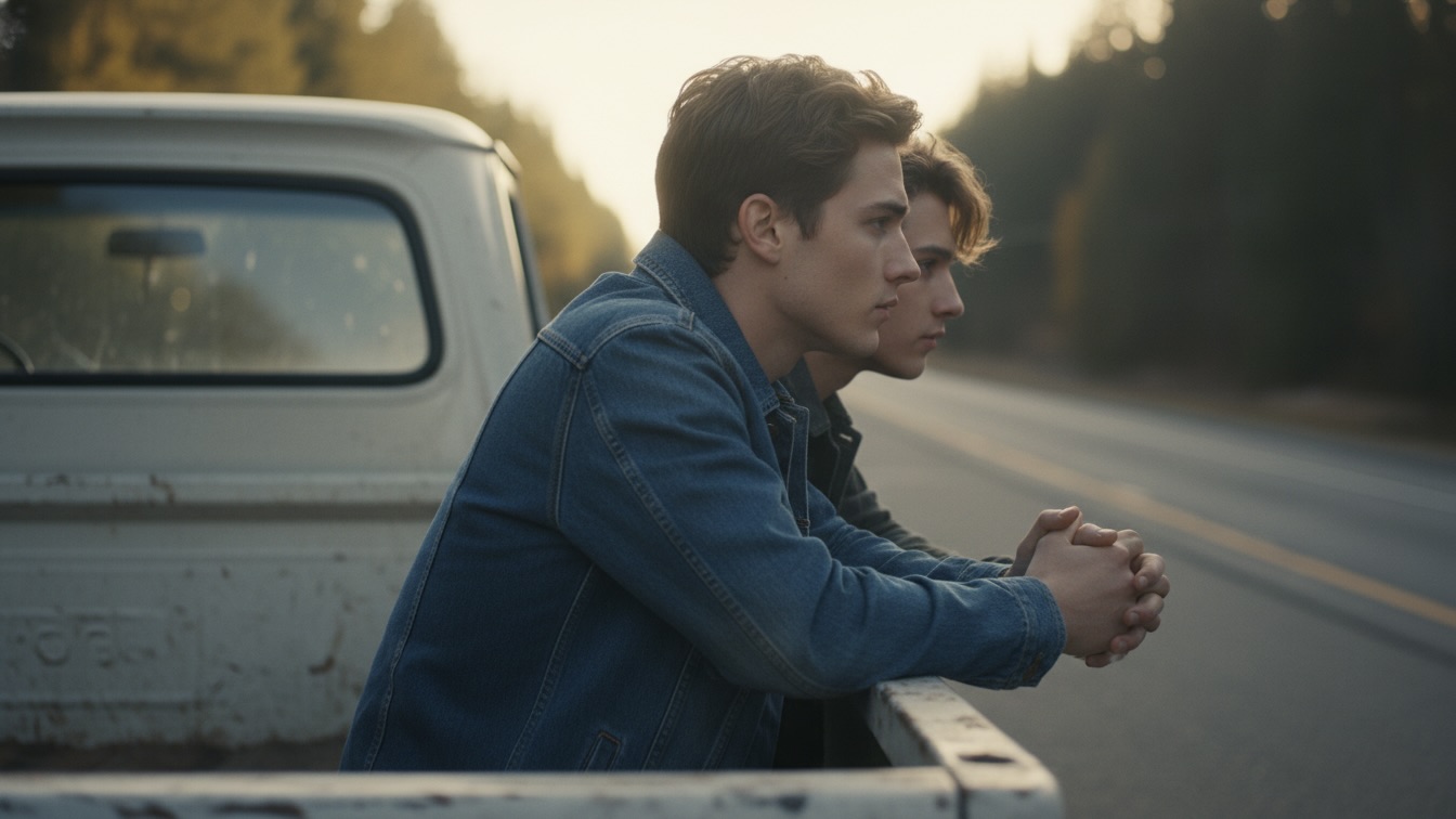 Two young men, Peter and Terrence, with boyish features and soft skin, sit side-by-side in the back of a pickup truck, holding hands. They look forward at a blurred forest background, bathed in soft, diffused light, conveying quiet intimacy after a survival ordeal.