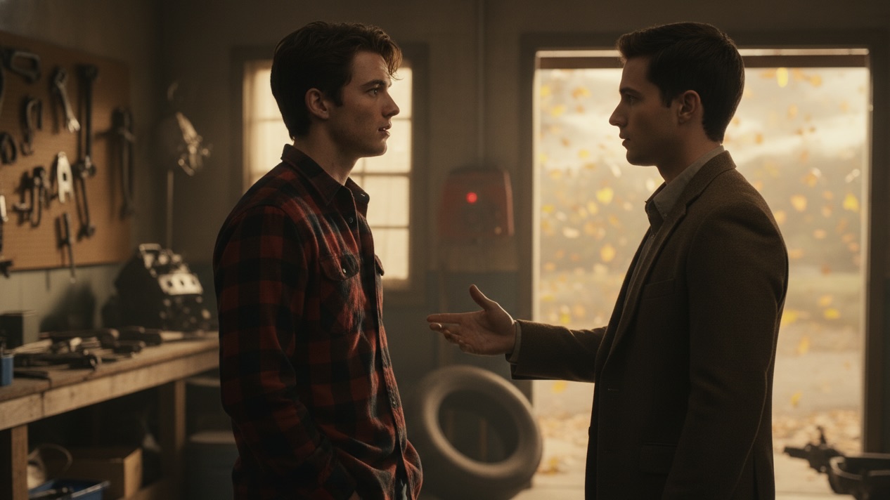 Two men, Owen and Jeffrey, standing in a rustic, autumn-lit garage. Owen is disheveled and covered in grease, looking up at Jeffrey, who is impeccably dressed and extending a hand to him. Their eyes meet with an intense, unspoken connection.