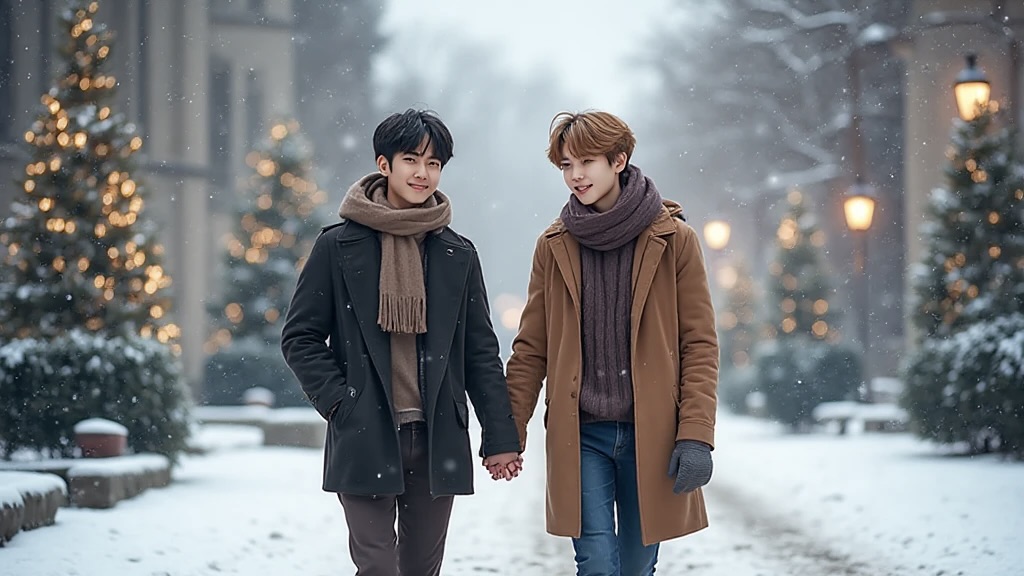 A film still showing Andrew, a handsome man with dark hair, looking intently at Jim. Andrew's hand gently holds Jim's hand, which clutches a tarnished brass bell. Jim's face is flushed with emotion, in an old gothic kitchen.