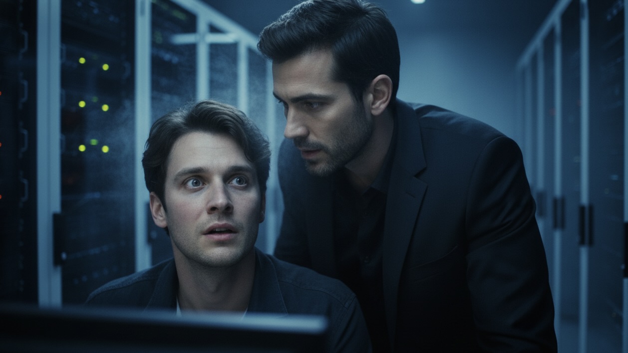 Two men, Callum and Tobias, in a cold server room. Callum is seated at a computer, looking up with a surprised and fearful expression. Tobias stands intimately close behind him, his intense gaze fixed on Callum's face, creating a palpable tension.