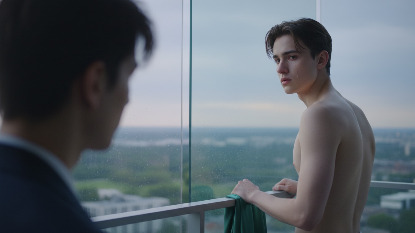 An over-the-shoulder shot of two young men on a high-rise balcony at dusk, one crying, the other in the foreground slightly blurred. A silk scarf lies discarded on the railing.