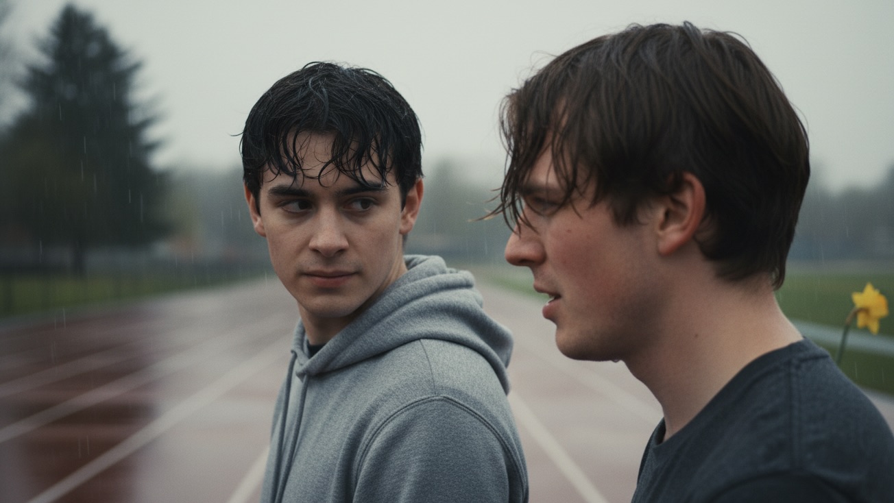 Two young men, August and Jeff, exchange an intense look on a rainy spring track, their expressions a mix of exhaustion and electric connection.