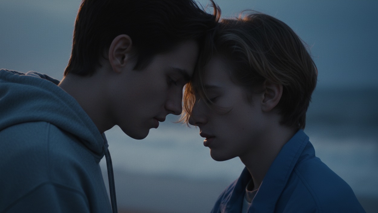 Two young men standing close on a dark beach at twilight, foreheads touching in a moment of intimate silence.